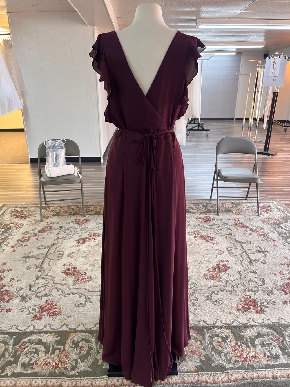 Flutter Sleeve Deep Wine Wrap Maxi Dress